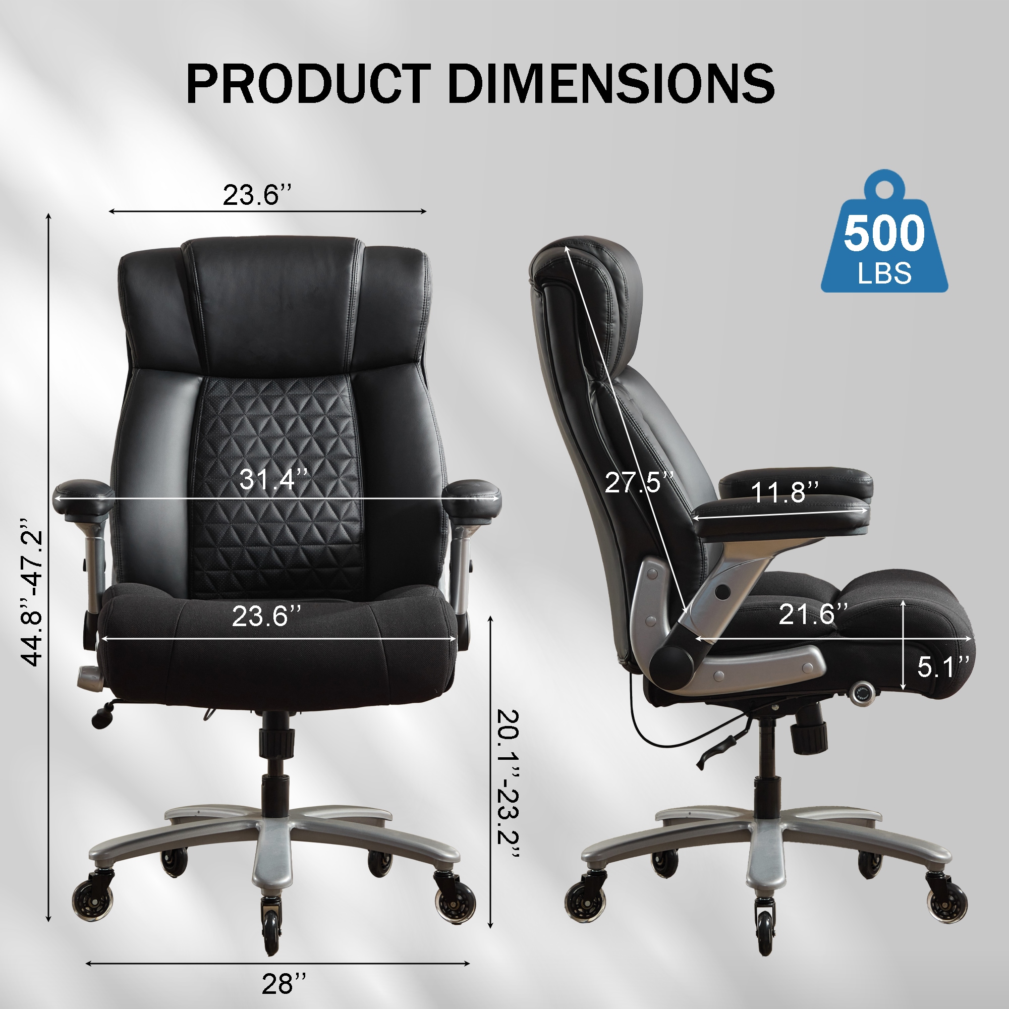 500lbs Big And Tall Office Chair With Adjustable Lumbar Support, Executive Office Chair Heavy Duty With Flip-up Armrest And Wider Seat, Ergonomic Leather Chair Breathable With Quiet Rubber Wheels_voghion.com